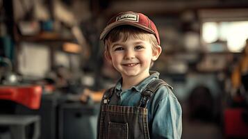 Young boy with overalls and hat stands smiling in a workshop looking ready to tackle any task with enthusiasm and a cheerful attitude photo