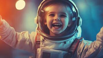 Young girl beams with joy in an astronaut suit dreaming of space exploration The image shows space travel and the wonder of space for kids photo