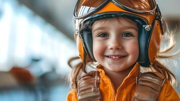 A bright young girl wearing an aviator helmet and suit She is full of dreams and smiles ready for a grand adventure in the sky photo