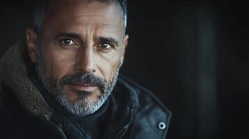 Portrait of a handsome man with graying hair and a beard wearing a coat looking directly at the camera against a dark background photo
