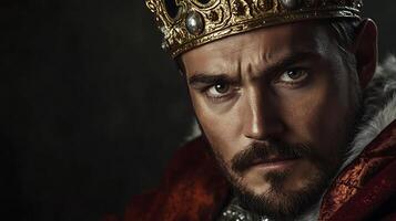 Portrait of a stern king with an ornate crown and a commanding gaze exuding power and regality against a dark muted background photo