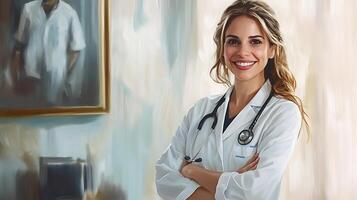 Smiling female doctor in white coat She is standing in her clinic She is a professional and trusted healthcare provider photo
