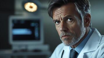 Focused doctor with a determined expression in a clinical setting suggesting expertise and commitment to healthcare and patient care photo