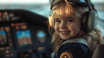 Young pilot with bright smile wearing headset and goggles in cockpit Dreams taking flight with hopeful eyes and future aspirations photo