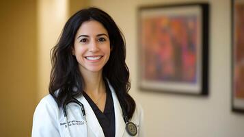 Portrait of a smiling physician with a stethoscope exuding confidence and warmth in a professional environment with abstract art photo