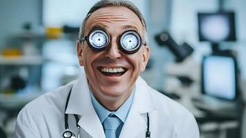 Enthusiastic scientist with goggles and a lab coat smiles widely in a laboratory setting with microscopes and other scientific equipment photo
