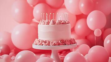 Celebratory cake with lit candles and frosted flower decorations surrounded by vibrant pink balloons creating a joyful atmosphere photo