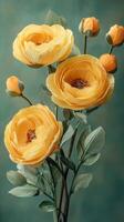 Bright yellow paper flowers arranged beautifully with green leaves and buds on a textured background photo