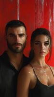 Couple poses together against a vibrant red backdrop in a close-up portrait capturing intimate expressions and details photo