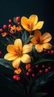 Bright yellow flowers with red berries create a striking contrast in a dark setting photo