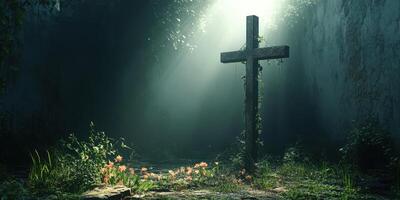 Cross surrounded by flowers in a serene, overgrown cemetery at dawn with soft sunlight streaming in photo