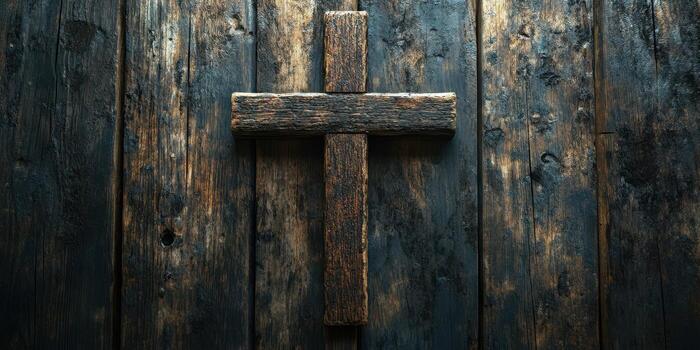 Rustic wooden cross against a textured dark wooden background in a serene indoor setting photo