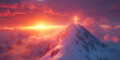 Sunset illuminates a snowy mountain peak with a glowing cross symbolizing hope and faith photo