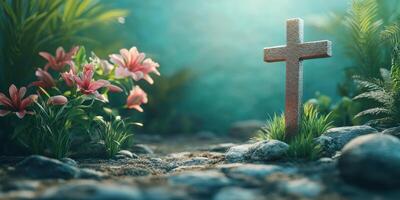 Beautiful serene garden with a cross surrounded by vibrant flowers and lush greenery photo
