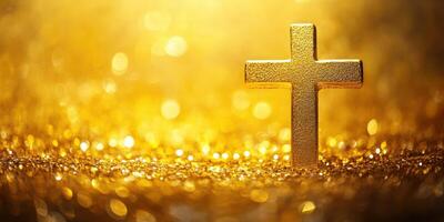 Golden cross illuminated against a shimmering background in a sacred setting photo