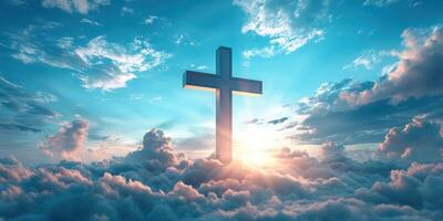 Bright cross emerging from clouds at sunset creates a serene spiritual atmosphere in the sky photo