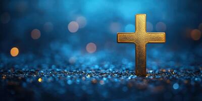 Golden cross shines brightly against a blue background with sparkling lights during a peaceful evening photo