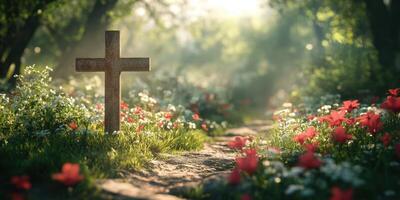 Peaceful garden pathway with a cross surrounded by blooming flowers in soft morning light photo