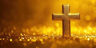 Golden cross shines against a sparkling golden background in a serene setting during a peaceful moment photo