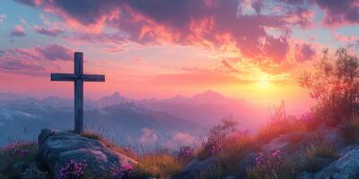 Sunset over mountains with a wooden cross and flowers in a serene landscape photo