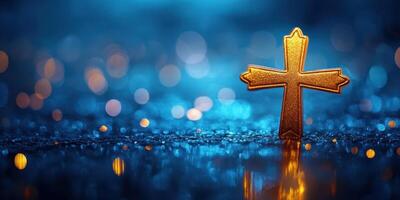 Golden cross glows softly on a wet surface surrounded by shimmering blue lights in the evening photo