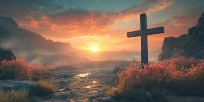 Sunset view over a tranquil landscape with a wooden cross and blooming flowers in the foreground photo
