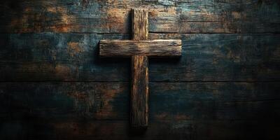 Wooden cross against a dark wooden background evokes feelings of faith and spirituality photo
