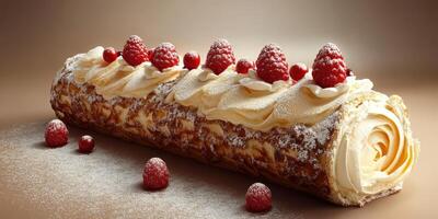 Delicious raspberry cream roll dessert decorated with fresh raspberries and powdered sugar on a neutral background photo