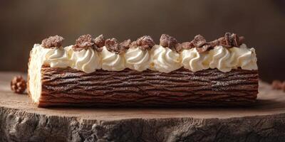 Delicious chocolate yule log cake decorated with whipped cream and chocolate pieces on rustic wooden surface photo