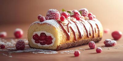 Delightful raspberry cake roll adorned with cream and fresh berries on a wooden surface photo