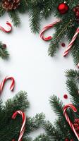 Festive arrangement of green pine branches and candy canes for holiday celebrations during winter festivities photo