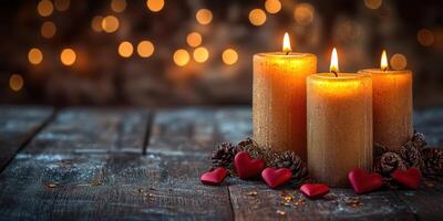 Warm candlelight creates a cozy atmosphere for a romantic evening celebration with hearts and pinecones photo