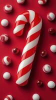 Colorful candy cane surrounded by festive decorations on a red background in a cheerful holiday setting photo