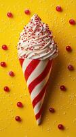 Swirled red and white ice cream cone surrounded by colorful candy on a bright yellow background photo