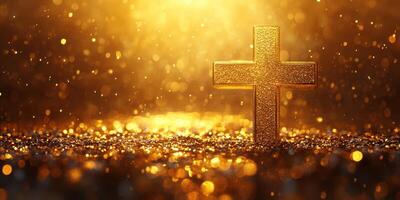 Golden cross illuminated by soft light with shimmering particles in the background during a tranquil moment of reflection photo