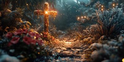 Cross adorned with flowers in a misty forest during twilight, illuminating the serene pathway with soft lights photo