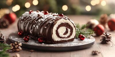 Festive chocolate yule log cake garnished with cream, berries, and decorative accents on a wooden table photo