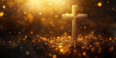Glimmering cross surrounded by golden sparkles in a serene atmosphere during the evening photo