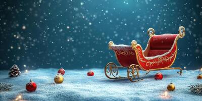Snowy winter scene with a decorated sleigh surrounded by ornaments and pine cones photo