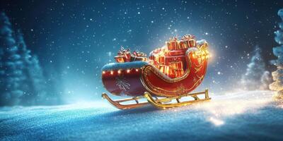 Holiday sleigh filled with gifts resting on a snowy landscape under a starry sky at night photo
