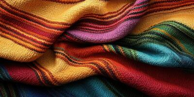 Vibrant woven textiles showcase intricate colors and patterns in a close-up view at a local market during the afternoon photo