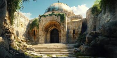 Historic structure in a serene landscape showcasing ancient architecture under a bright sky photo