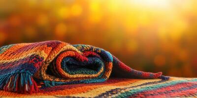 Colorful woven blanket resting on a wooden surface as sunlight creates a warm glow during the golden hour photo