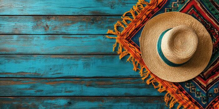 Straw hat and colorful blanket on a rustic wooden table create a vibrant setting for a sunny summer day photo