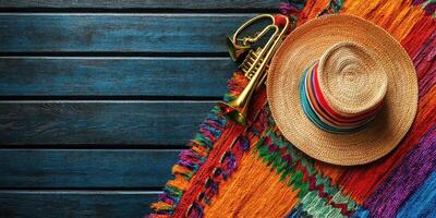Colorful woven blanket and brass trumpet with a traditional hat on a wooden surface in a festive setting photo