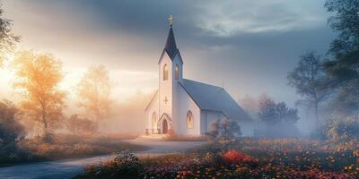 Serene morning at a white church surrounded by mist and autumn colors in a tranquil landscape photo