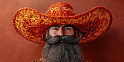 Man with a vibrant orange sombrero and a magnificent beard poses against a textured brown wall photo