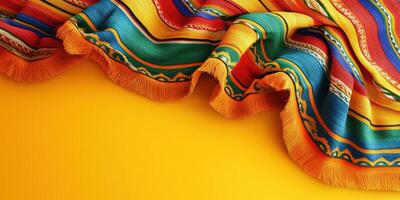 Colorful woven textile drapes beautifully on vibrant yellow background showcasing intricate patterns and textures photo