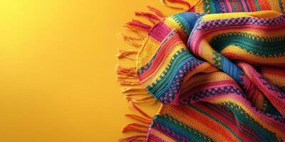 Colorful woven blanket displayed on a bright yellow background for artistic effect and visual appeal during a crafting session photo