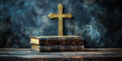 Religious symbolism with a cross on top of antique books in a rustic setting photo